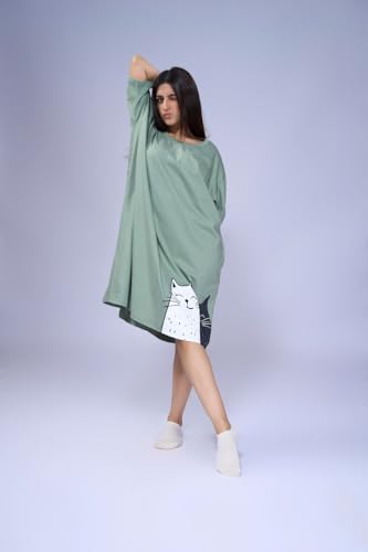Image of LAMA STORE Women's Printed Oversized T-Shirt Dress, Cotton, 3 /4 Sleeve Length, Casual Loose Fit, Comfort Wear Extra Comfy Oversized Printed Pocket T-Shirt Dress