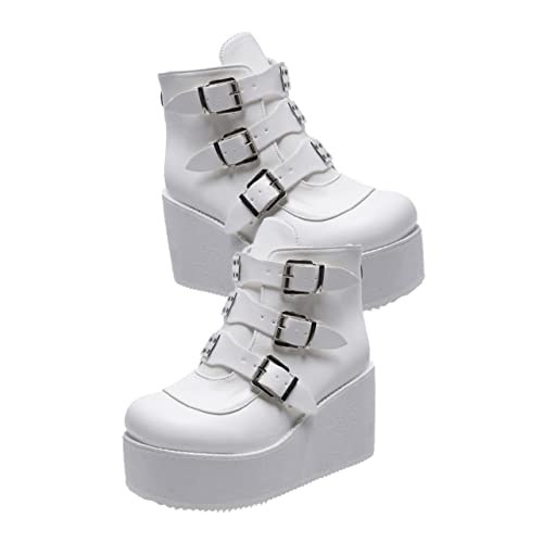Bottes à talons épais confortables et bout rond - Bottines en PU blanc