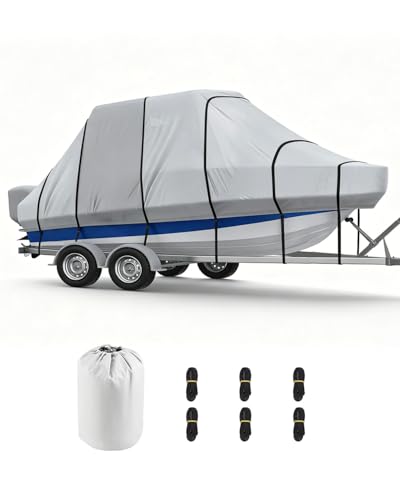 Cholila Premium Marine-Grade 22-24 FT Waterproof 100% T Top Boat Cover 900D Anti-Tear No Fade Heavy Duty UV Motor Cover Hard Top for Outdoor Storage Trailering All Weather (Dolphin Gray)