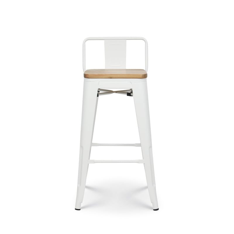 Kosmi - Juego de 4 sillas de bar, taburete alto de estilo industrial con pequeño respaldo de metal blanco mate y asiento de madera natural clara