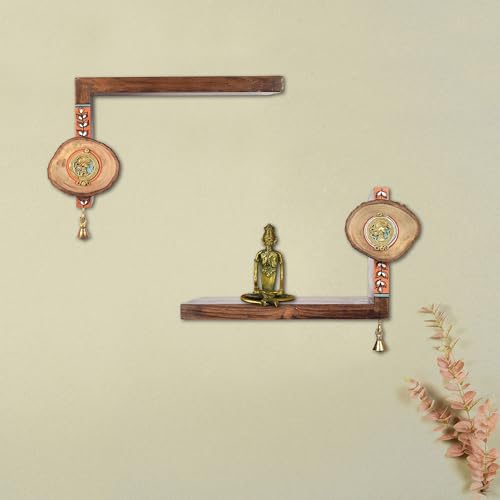 Image of AAKRITI ART CREATIONS Tribal Angle Brown Wall Display Shelf Set of 2 | Dhokra Art Wooden Shelves Wall Hanging Shelves | Matte Finish Decorative Shelf for Living Room, Bedroom & Gifting