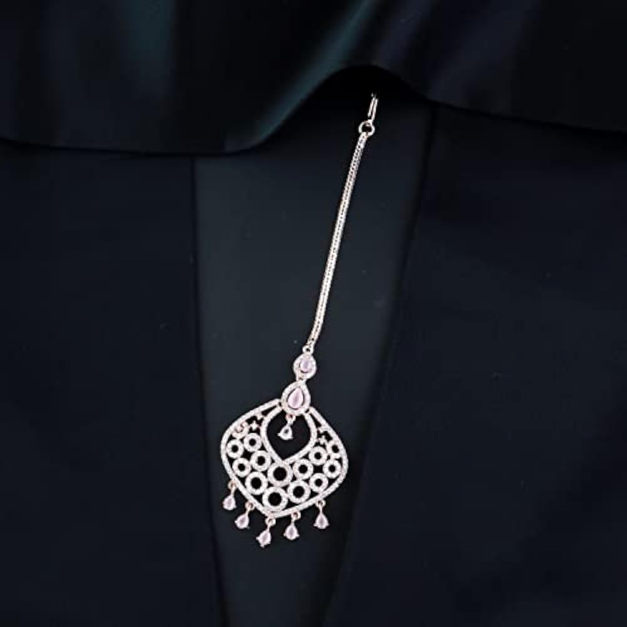 Women's Rose Plated AD & CZ Studded Crystal Maang Tikka