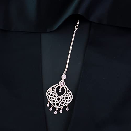 Women's Rose Plated AD & CZ Studded Crystal Maang Tikka