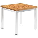 Dieser quadratische Garten-Beistelltisch besteht aus massivem Akazienholz und rostfreiem Edelstahl. Er ist elegant gestaltet und somit eine stilvolle Ergänzung zu Ihrem Außenbereich.