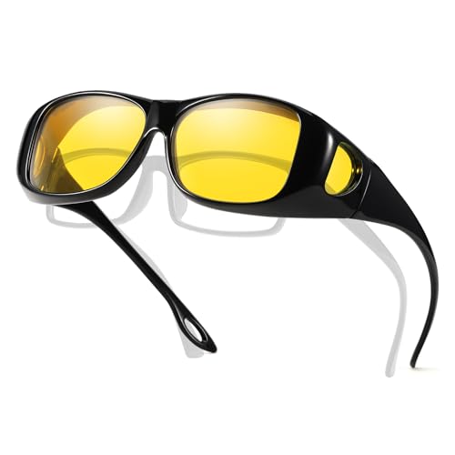 TJUTR Night Vision Driving Glasses for Women Men, Fit Over Wraparound Eyeglasses, Polarized Yellow Lens Anti-glare Nighttime