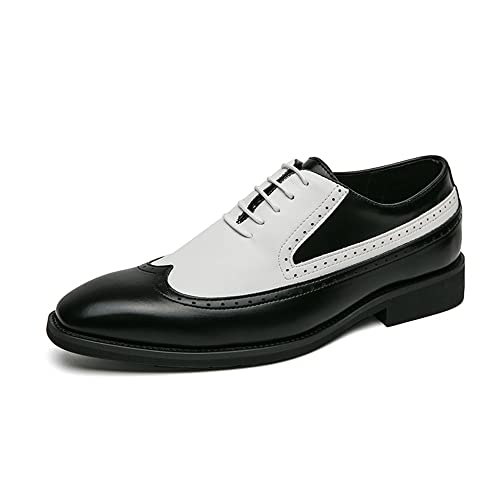 Dress Oxford for Men Lace Up Two Tone Brown and White Wing tip PU Leather Anti-Slip Slip Resistant Low Top Wedding(Black White,10 M US)