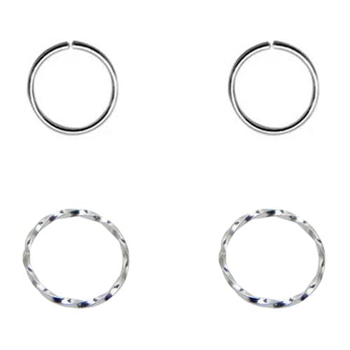 Tienda 4 aros nariz finos y pequeños, plata de ley 925 sin cierre, 7mm diámetro interior, 0,6mm grosor, 2 aros lisos mas 2 aros trenzados. (GNAZ42Z2a)
