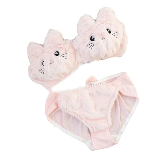 Süßes, sexy Plüsch-Heimset, gemütliches Plüsch-BH-Set für die Freizeit, gemütliches Plüsch-Bademantel-Pyjama-BH-Set für die Freizeit für Damen (Pink Cat,XL)