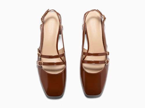 Image of Coutgo Women's Mary Jane Chunky Low Heels Slingback Pumps Closed Square Toe Wedding Dress Shoes