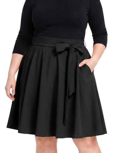 Womens Plus Size Midi Skater Skirt High Waist A-Line Stretchy Flared Casual Skirt with Pockets Black