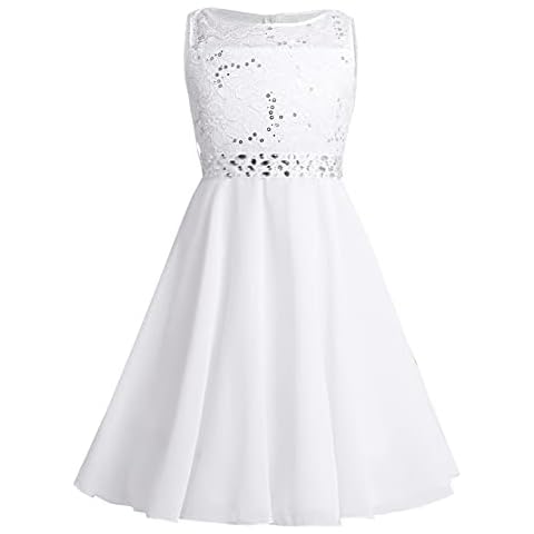 RUNQHUI Big Girls Chiffon Wedding Flower Girl Dress Princess Sleeveless Sequins Birthday Party Ball Gown Ivory 3-4 Years Cover