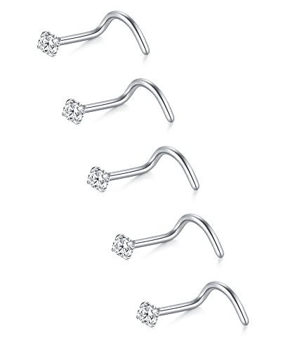 VFUN 22 Gauge Nose Stud Screw Nose Ring Stainless Steel Sterling Silver Nose Studs for Women Clear Diamond CZ 1.5MM Corkscrew Nostril Piercing Jewellery