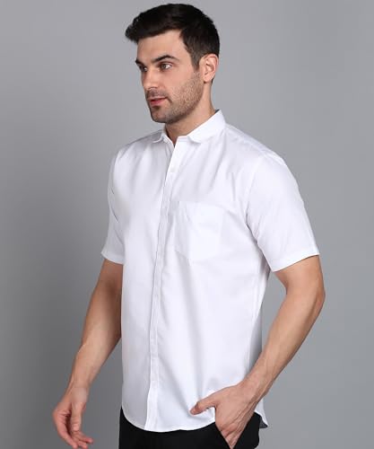 Image of MILDIN Men's Cotton Blend Solid Shirt with Spread Collared Half Sleeve Curved Hemline Button Closure Regular Fit and One Pocket | Half Sleeve Shirt for Men