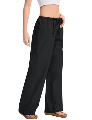 AKEWEI Women Cotton Linen Summer Palazzo Pants Drawstring Waist Wide Leg Lightweight Beach Trousers with Pockets4