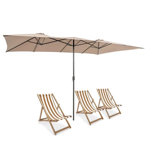 KOMFOTTEU Sombrilla Doble 426x265cm, Parasol Rectangular de Jardín con Manivela y Protección UV, Quitasol de Balcón Grande con Techo de Ventilación, para Piscina, Mercado, Terreza, sin Base (Marrón)