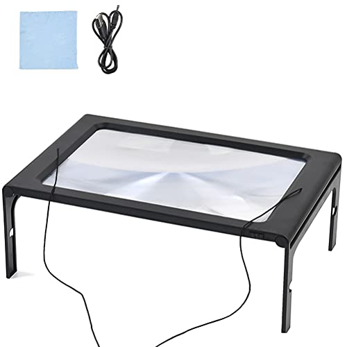 FOCCTS A4 LED Page Magnifier PVC Lens Magnifying Glass, 3X Desktop Full Page Illuminated Magnifier with Light Handsfree LED Lights and a Hanging Wire Reading for Books, Newspapers for Elder