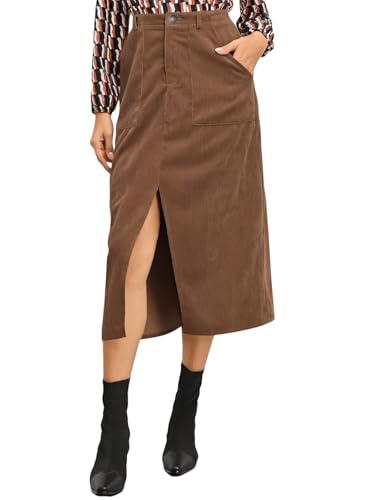 Happy Sailed Womens Corduroy Skirts Casual Dressy High Waist A Line Split Midi Skirt with Pockets