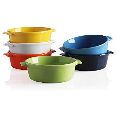 Sweejar Home Ceramic Souffle Dishes, Round Double Handle-Ramekins-Baking, 295 ML for Pudding,Creme Brulee,Souffle - Set of 6 (Multicolour) Cover