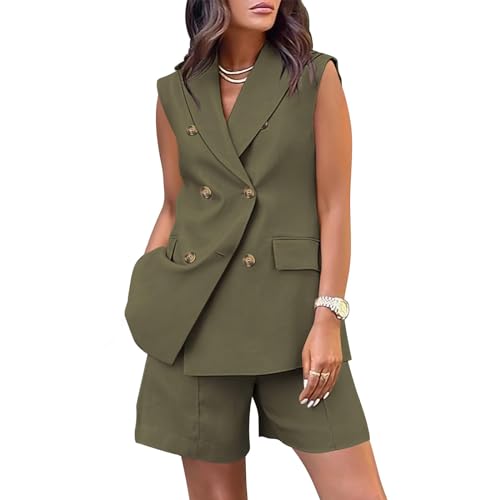 Women's Casual Sleeveless Blazer Vest Shorts Sets Lapel V Neck Button Tank Tops Business Office Work 2 Piece Sets