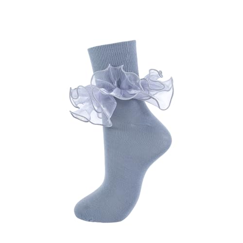Image of Women Big Ruffle Ankle Socks Adult Double Lace Frilly Socks Fold Cuff Cotton Ruffled Dress Crew Bobby Bride Sock