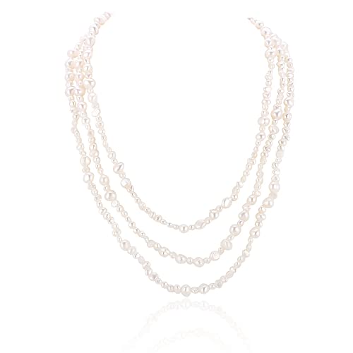 White Freshwater Cultured Pearl Necklace Long Baroque Pearl Handmade Strand Necklace for Women
