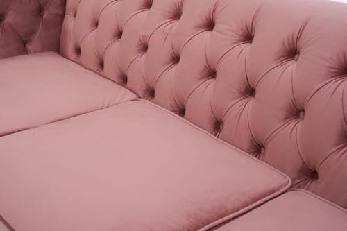 Image of Modern and Stylish 3 Seater Chesterfield Luxury Sofa with Valvet and Fabric Comfortable Sofa for Living Room, Dining Room, Hallway, and Office-(Rose Pink).