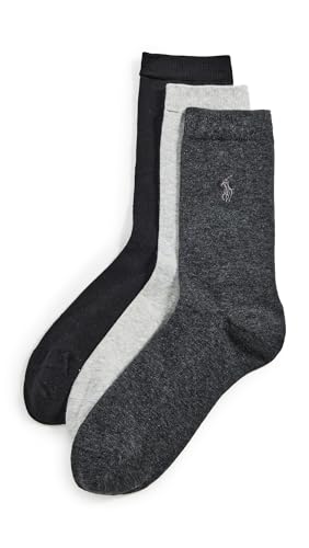 Polo Ralph Lauren Women's Classic Flat Knit Crew Socks 3 Pair Pack, Charcoal Heather Assorted, 3.5-9 UK