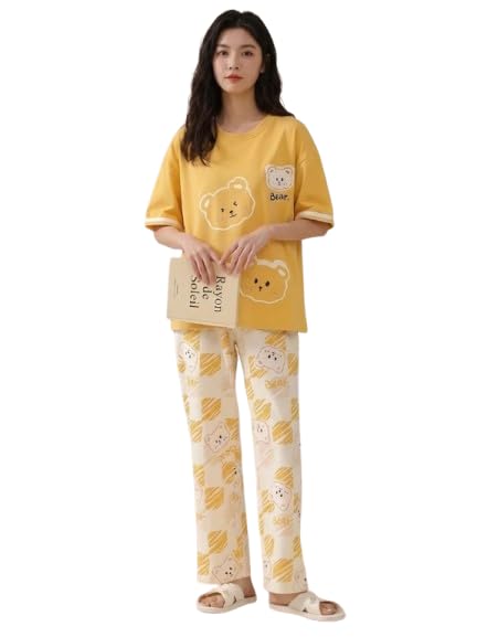 Women's Nightdress Set, Black Short Sleeve Top with Striped Trousers, Casual Loungewear Pyjama Set-picture-39