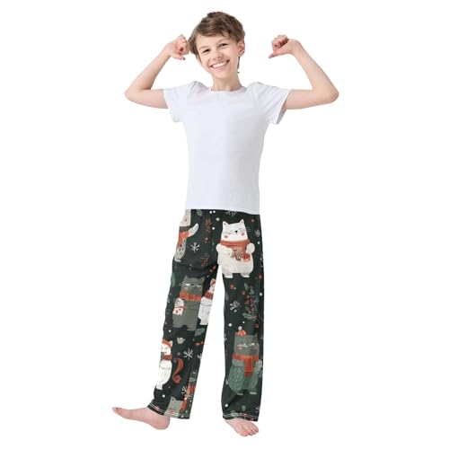 Xmas Cat Berry Boys Long Pants Soft Trousers Elastic Waist Kids Lounge Bottoms with Pockets S-XL3
