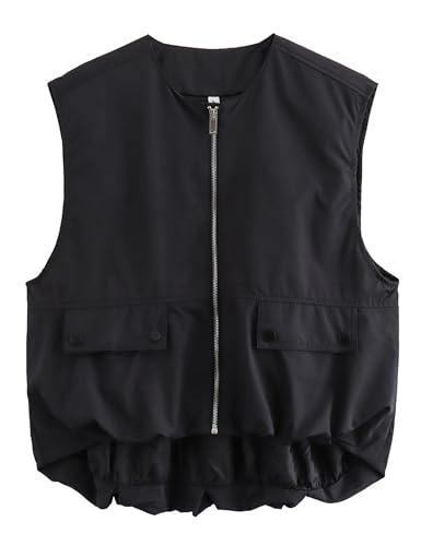 Womens Casual Zip Up Cargo Vest Top Oversized Lightweight Ruched Hem Sleeveless Blazer Jackets Vest Tops4