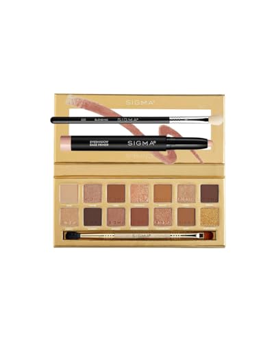 Sigma Beauty Ambiance Eyeshadow Bundle – Palette with 14 Neutral & Gold Shades, Primer Base (Persuade) & E25 Blending Brush