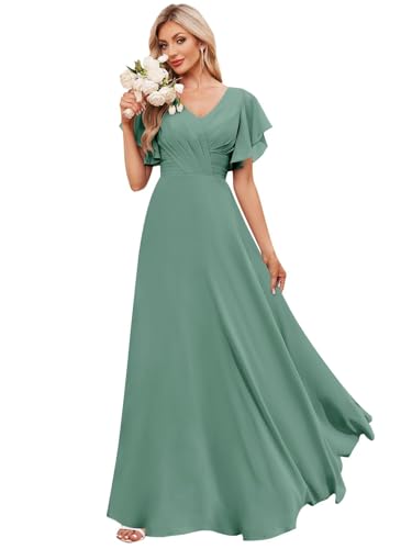 Flutter Sleeves Chiffon Bridesmaid Dresses Long with Pockets A-Line V Neck Formal Wedding Guest Dresses for Women