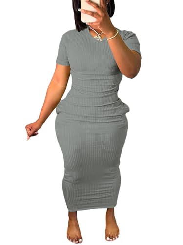 Image of Women's Casual Short Sleeve Dress T Shirt Bodycon Dresses Ribbed V Neck Maxi Sundress Basic Party Club Dress with Pocket