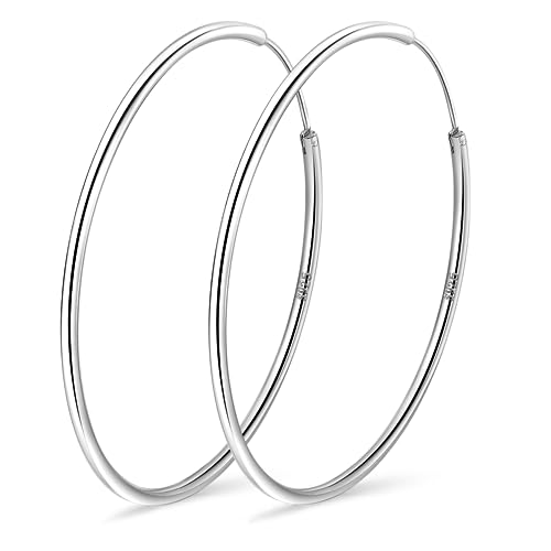 PABBEU Pendientes de aro de plata 925 para mujer, delgados, ligeros, grandes, hipoalergénicos, 30/40/50/60 mm, groß, Plata, Sin piedra preciosa