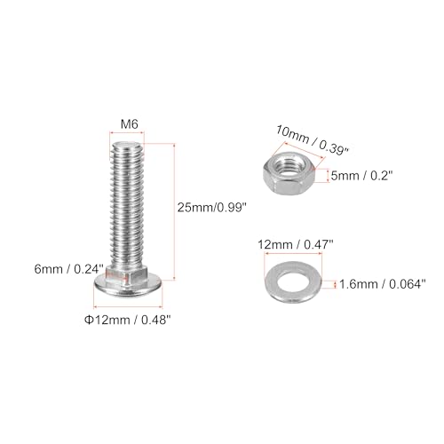 Image of uxcell M6x25mm Square Neck Carriage Bolts with Nuts & Washers, 24Set 304 Stainless Steel Round Head Square Neck Coach Bolt Screws, Silver Tone