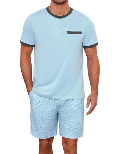 Jahetuul Pijama Hombre Corto Algodon con Bolsillos Conjunto de Pijama Verano con Pantalón Corto de Lunares Pijama Hombre con Cordón en la Cintura Suave y Cómodo