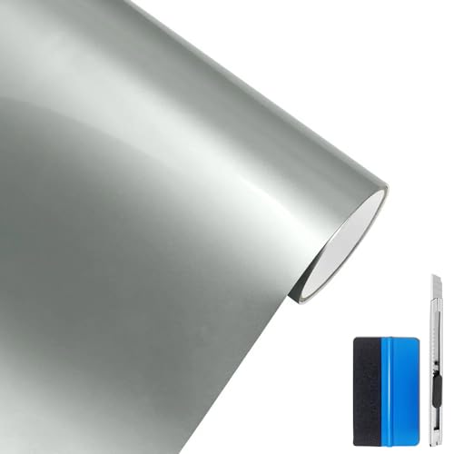 Image of LZLRUN High Gloss Vinyl Realistic Paint Wrap Roll Car Sticker Film Decal Bubble Free Come with Installation Tool Set (Silver, 4Inch x 30ft)