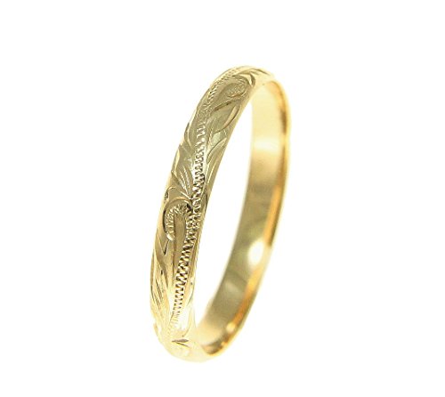 14K solid yellow gold hand engraved Hawaiian scroll band ring 3mm size 7