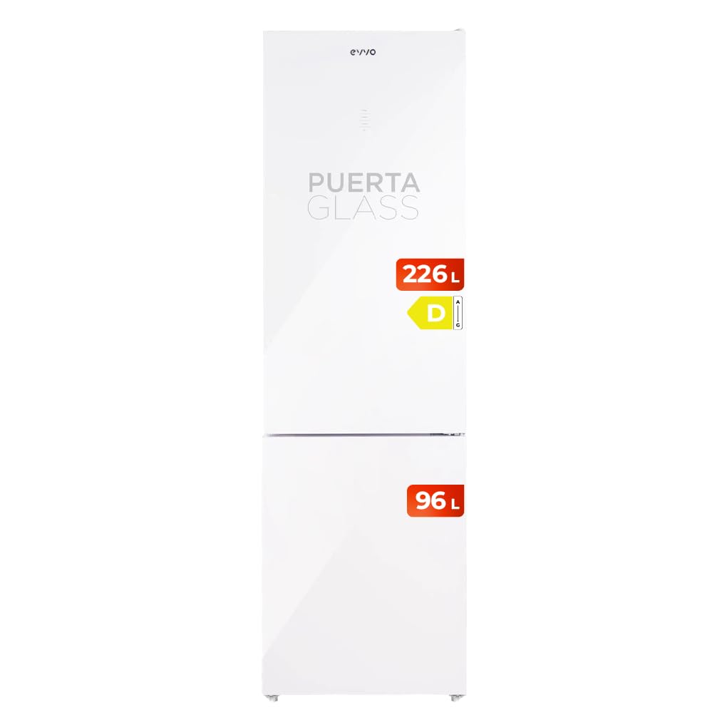 EVVO Frigorífico Combi No Frost, Capacidad Frigorífico 226 L Congelador 96 L, Motor Inverter, 60cm de Ancho, Clase energética D, Multi Air Flow, Luz Interior LED, Panel LED táctil, F55W Glass (Blanco)