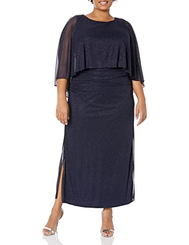 Image of S.L. Fashions Women's Long Glitter Mesh Capelet Gown with Side Slit, Wedding Guest, Formal Dress (Plus Size)