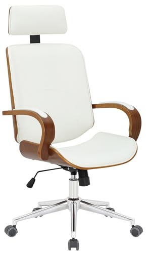 CLP Silla De Oficina Dayton De Madera, Metal & Tapizado En Polipiel I Silla De Escritorio Giratoria con Reposabrazos, Color:Nuez/Blanco