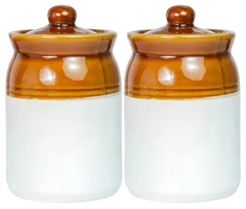 Image of Set of 2 Handmade Ceramic Pickle Jars with Lid - 1000ML Each | Bone Ash Free & Lead Free | Multipurpose Ceramic Storage Containers for Pickle, Achar, Chutney, Sauces, Spices
