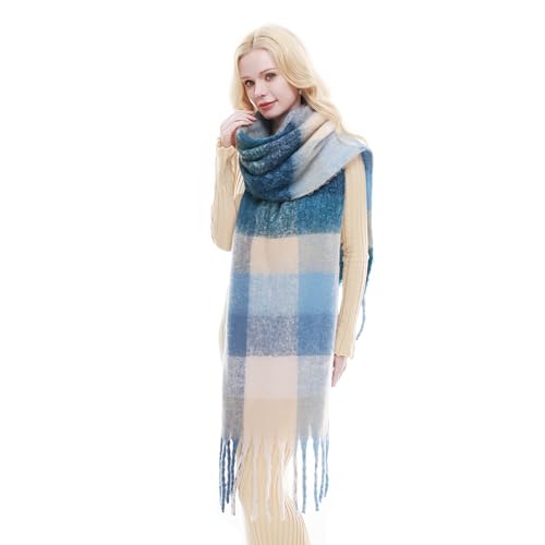 RIIQIICHY Plaid Scarf for Women Chunky Scarves Winter Warm Thick Oversized Blanket Scarf Blue/Beige/Navy