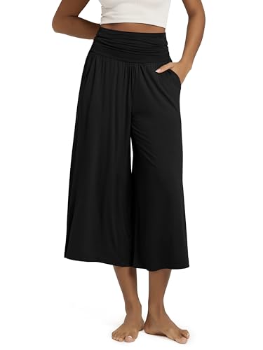 ODODOS Women's Wide Leg Palazzo Lounge Cropped Pants with Pockets Light Weight Comfy Casual Pajama Capri Pants-22 Inseam, Black, Medium
