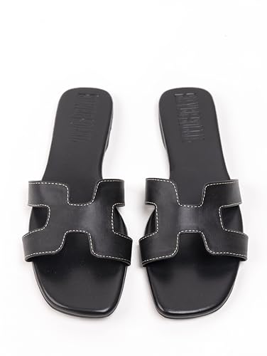 Women's Voyage Flat Slide Sandals - Square Open Toe Slides H-Band Slides for Women Fashionable Slip-On with Soft Leather Slippers for Summer | Comfort Walking with Beach Shoes