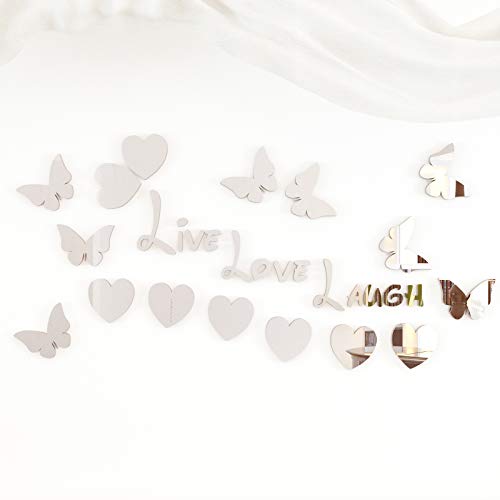 29 Pieces 3D Acrylic Mirror Wall Decor Love Live Laugh Mural Stickers with Butterfly and Heart DIY Removable Letters Combination Art Wall Decals for Living Room Home Decor Silver Mirror Surface