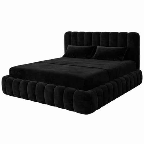 Teddy Plush Velvet Ottoman Storage Bed Frame with Gas Lift, Upholstered Panel Headboard, Small Double Double King Super King (Black Plush, 4FT6 Double with gas lift storage)