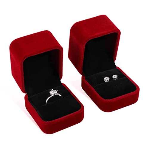 iSuperb Set of 2 Wine Red Velvet Couple Ring Box Earring Jewelry Case Gift Boxes 2.2x1.9x1.6inch