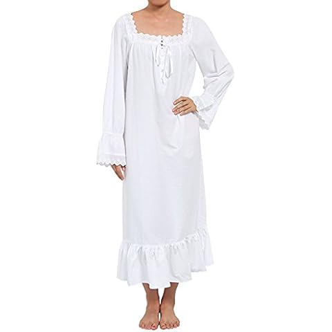MaxxCloud Women's 100% Cotton Long Dress Long Sleeve Victorian Nightgown Sleepwear White S Cover