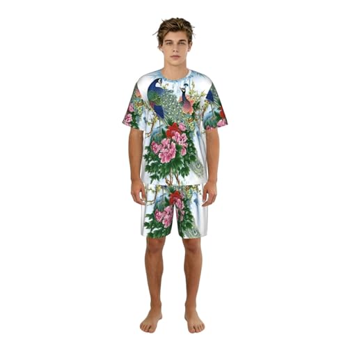 Pyjama pour hommes anti-transpiration ensemble de détente d'été imprimé paon à col rond
